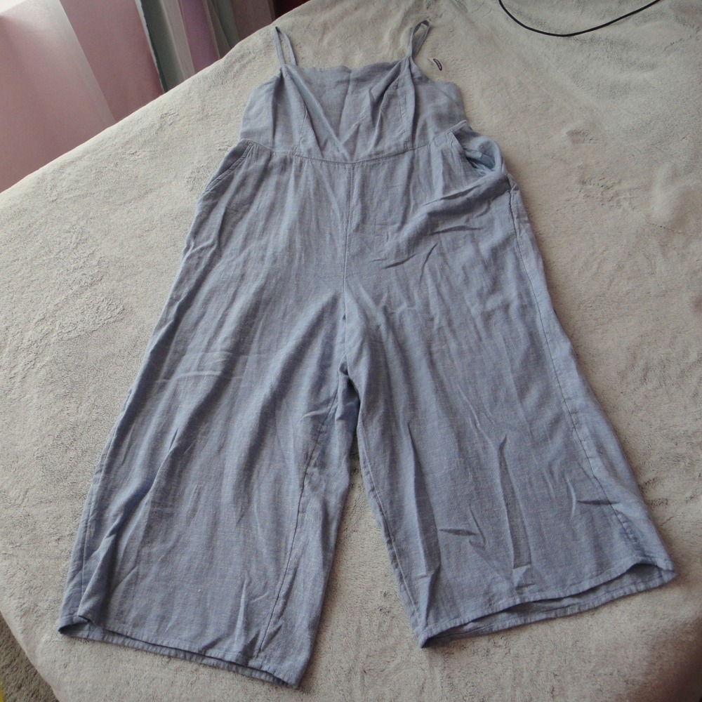 Old Navy Blue Linen Blend Wide Leg Cropped Jumpsuit Smocked Back Pockets NWT